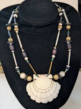 Vintage Beachy Genuine Scallop Shell Beaded Dual Strand Statement Necklace